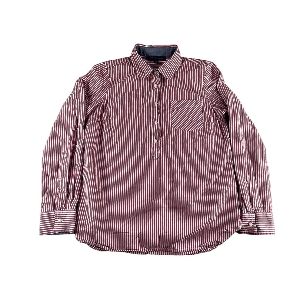 Tommy Hilfiger Shirt Womens Medium Red Button Up Striped Long Sleeve Business